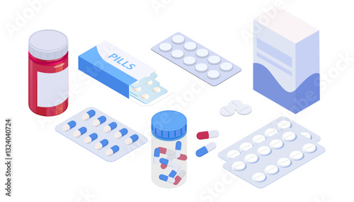 isometric medical pill tablet container plastic bottle drug capsules pharmaceutical care treatment 3d flat illustration pharmacy medication