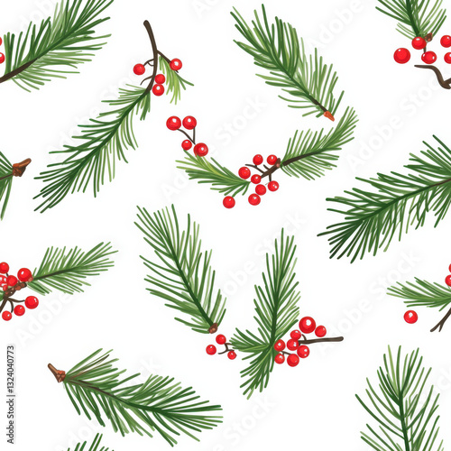 Chritmas pine needles and berries pattern, kawaii style, white background, 