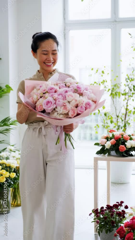 Smiling adult Asian female florist holding a lush bouquet of flowers in a flower store. Bouquet making, floral decor and delivery, online orders, congratulations, small business Smiling adult Asian female florist holding a lush bouquet of flowers in a flower store. Bouquet making, floral decor and delivery, online orders, congratulations, small business