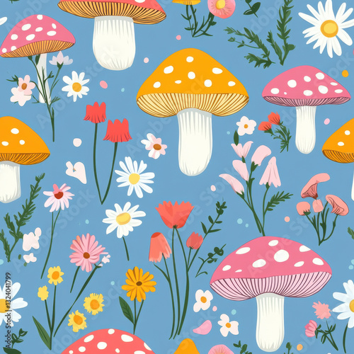 spring mushrooms, fairy garden, spring flowers, dainty, cute, pattern 