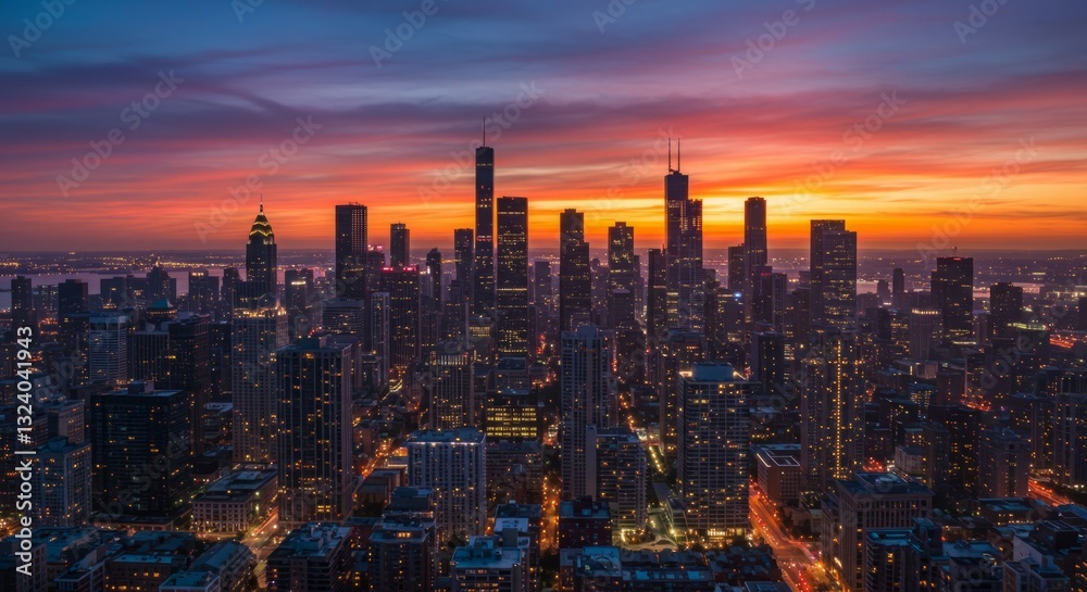 Obraz premium Vibrant city skyline at sunset.