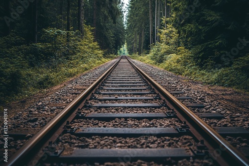Photograph of railway tracks leading into the distance in a forest