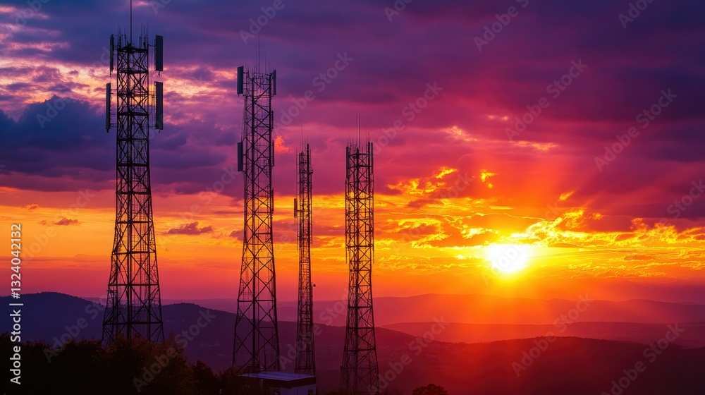 Fototapeta premium Fiery sunset light glows behind massive telecom towers, emphasizing the striking contrast between technology and natural beauty