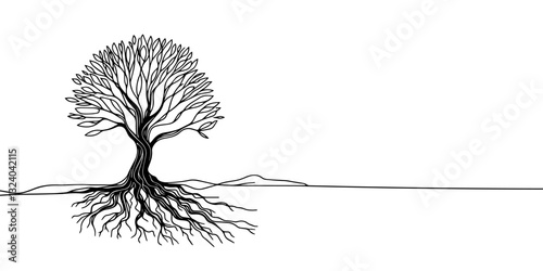 tree in one line. Graphic vector illustration of a continuous line drawing of a tree with roots