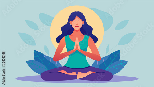 A woman sits with a straight spine her hands in prayer position at her heart center embodying the balance of mind body and soul.. Vector illustration