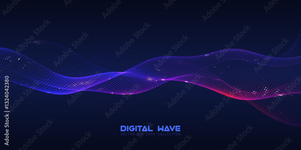 Abstract digital audio wave of particles with bokeh. Futuristic AI technology. Cyber data flow vector concept.