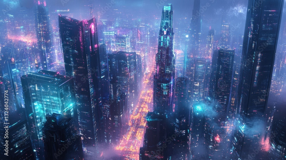 Obraz premium Futuristic metropolis bathed in neon lights, with glowing pathways connecting towering skyscrapers, symbolizing AI and smart city evolution