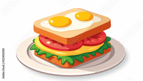 Colorful sandwich with eggs, tomatoes, and lettuce on a plate