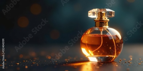 Gilded perfume bottle, ethereal lighting, deep backdrop, light, perfume, rich