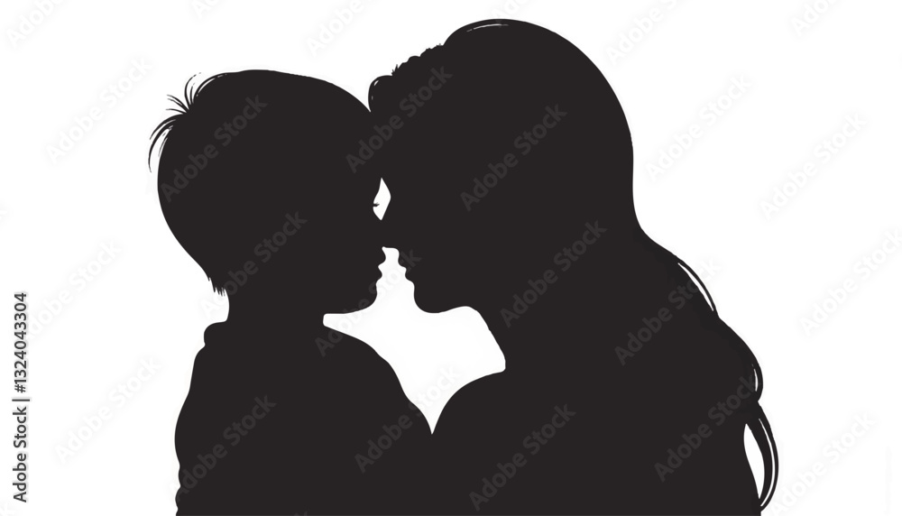 Mother and child silhouette sharing a loving moment against white background Mother and child silhouette sharing a loving moment against white background