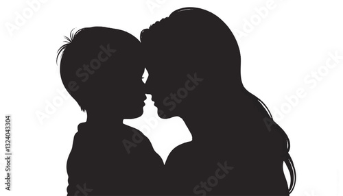 Mother and child silhouette sharing a loving moment against white background