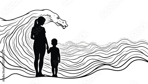 Silhouette of woman and child holding hands by wavy black sea