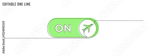 One continuous line drawing of a Turn On sign with airplane. A travel concept banner. Editable stroke, simple doodle design, vector illustration