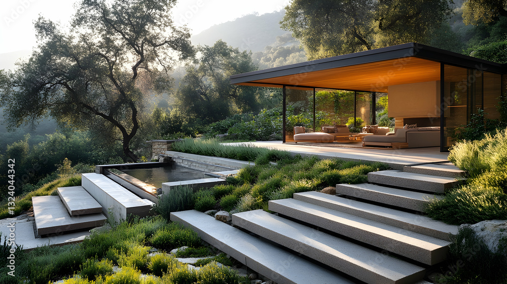 Fototapeta premium Modern outdoor living space nestled in a hillside garden