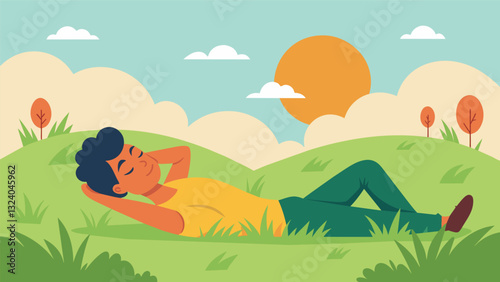 As the client pictures themselves lying in a peaceful grassy field the the encourages them to feel the soft blades of grass tickling their skin and the warmth of the sun on their. Vector illustration