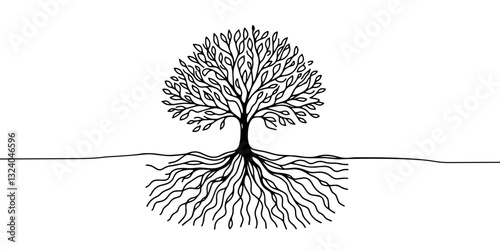 tree in one line. Graphic vector illustration of a continuous line drawing of a tree with roots