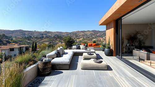 Modern outdoor patio with mountain views