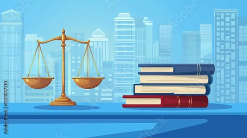 Illustration featuring a legal Libra scale with a book, symbolizing justice, law, and legal publicity. Concept of balanced legal information and public awareness of legal rights and responsibilities