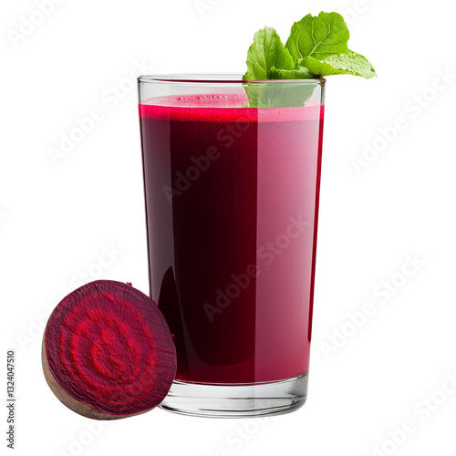 Fresh beetroot juice with mint leaves, vibrant color and healthy cute studio style isolated cut out PNG on transparent