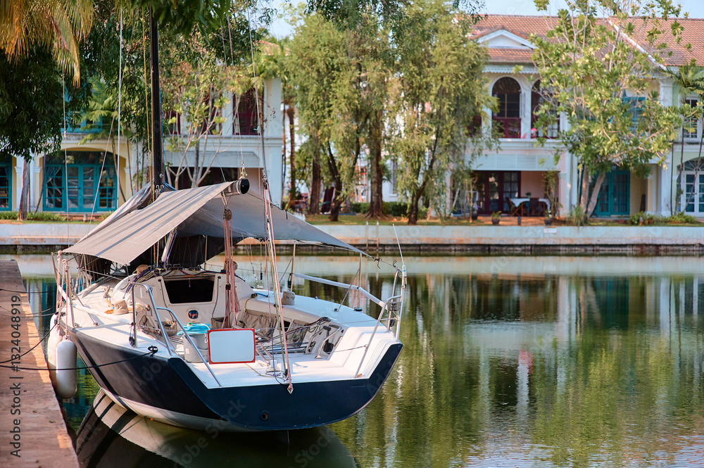 Fototapeta premium Sailboat Docked Near Residential Homes Reflecting on a Serene River..