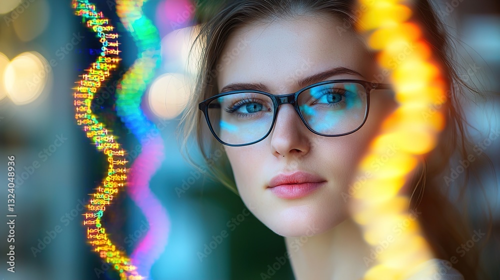Bioinformatics Specialist Analyzing Genetic Data with DNA Helix Visualization in Background, Colorful and Modern Concept of Scientific Research