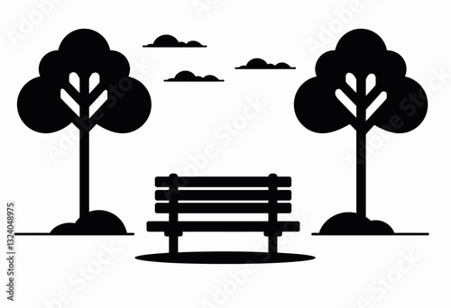 公共座席シルエット：シンプルな公園ベンチのミニマリストブラックベクター。都市開発計画、都市景観イラスト、公共空間レイアウトに最適です。

