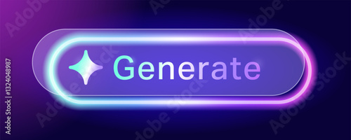 AI Generate Button Glassmorphism Neon Glow in Futuristic Gradient for Artificial Intelligence Applications featuring Vibrant Tech Interface Modern Vector Design for Digital Assistants