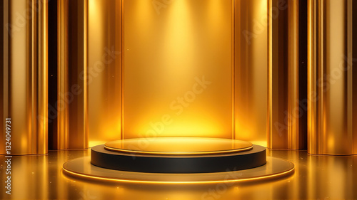 Gold Tinted Futuristic Podium With Orange Light Background, Podium, Display, Light Background
