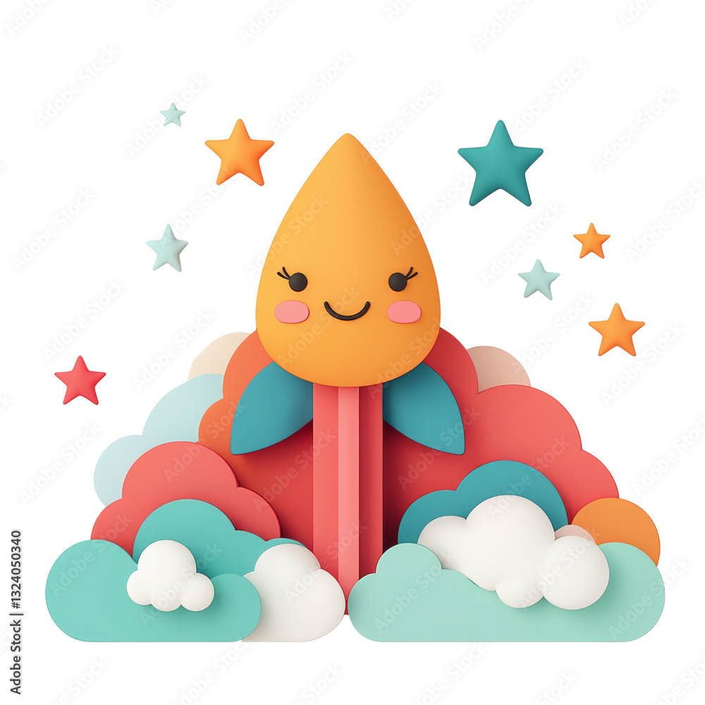 Fototapeta premium Cute rocket with smiling face, colorful clouds, and stars cute studio style isolated cut out PNG on transparent