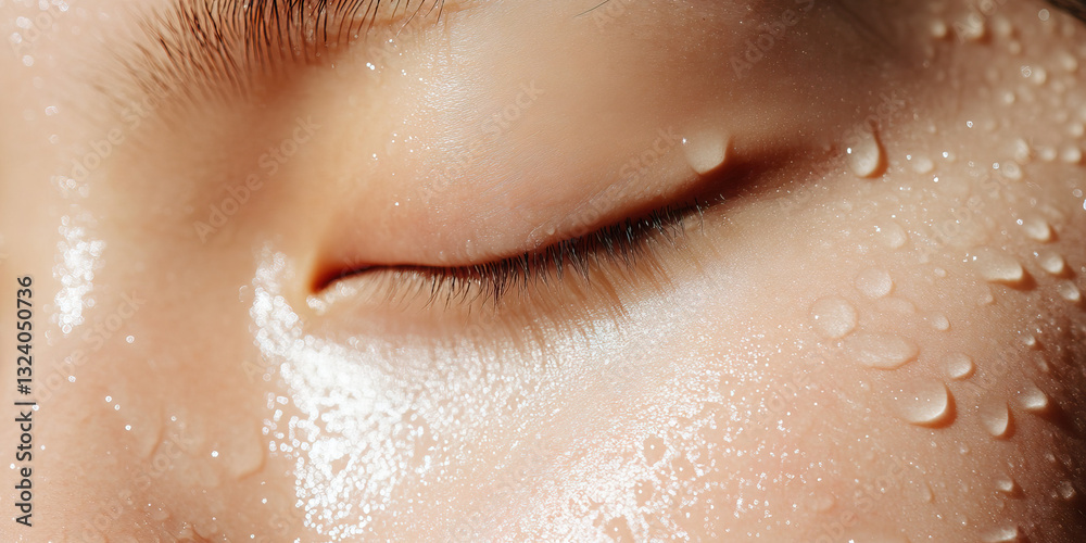 Fototapeta premium Close-up of Eye and Cheek with Water Droplets