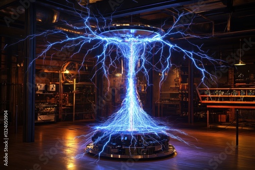 Spectacular display of electrical arcs in a dimly lit laboratory filled with vintage equipment