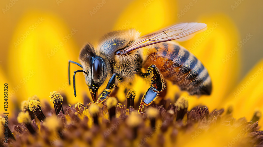 close up of honeybee collecting pollen from vibrant sunflower, showcasing its intricate details and beauty of nature close up of honeybee collecting pollen from vibrant sunflower, showcasing its intricate details and beauty of nature