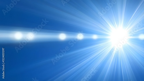 A bright shining sunburst emanating light across a blue canvas