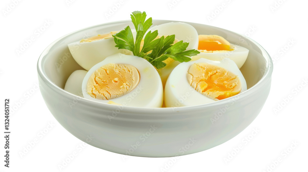Bowl of delicious boiled eggs with parsley on transparent background Bowl of delicious boiled eggs with parsley on transparent background