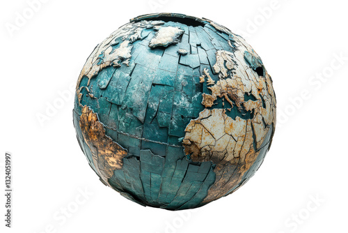 A vintage globe with a cracked surface, showcasing global distortion. Ideal for themes of geography, history, and environmental awareness. photo
