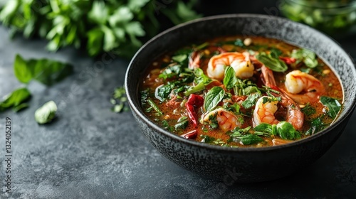 This image showcases a bowl of aromatic shrimp soup, beautifully garnished with fresh greens, bringing warmth and comfort to anyone craving a satisfying meal. photo