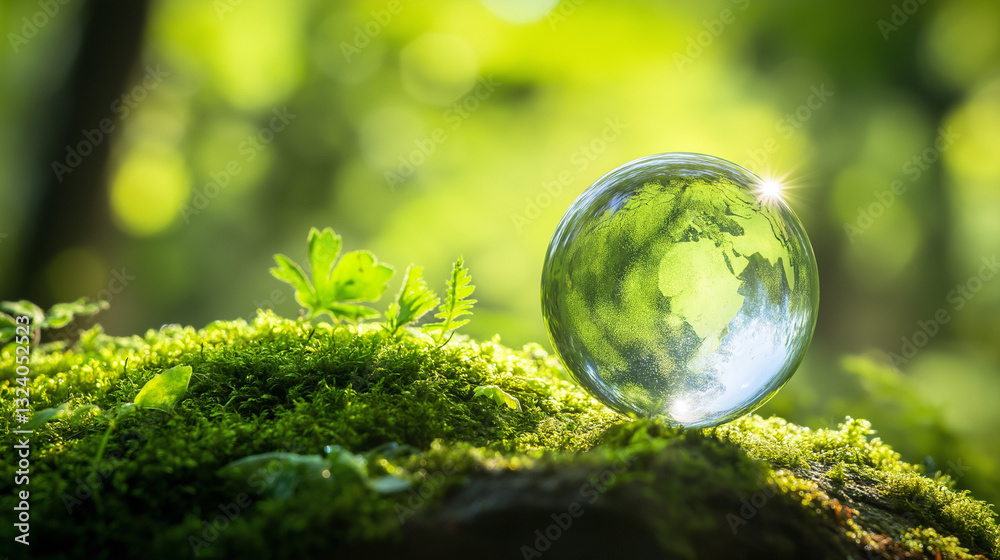 Glass Globe on Mossy Rock Amid Lush Forest, Symbolizing Environmental Harmony and Natural Balance Glass Globe on Mossy Rock Amid Lush Forest, Symbolizing Environmental Harmony and Natural Balance