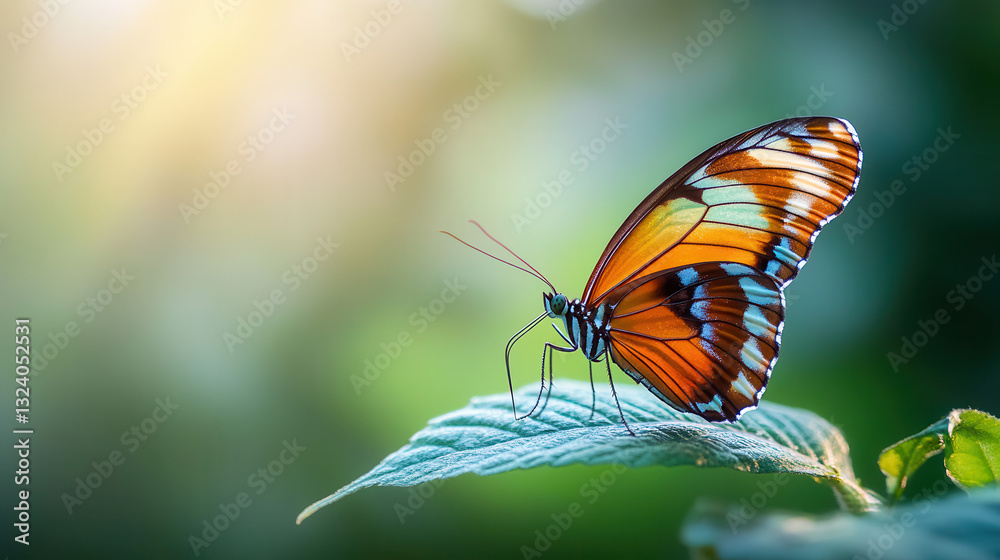 Obraz premium macro shot of butterfly perched on leaf, showcasing vibrant colors and delicate details in nature beauty