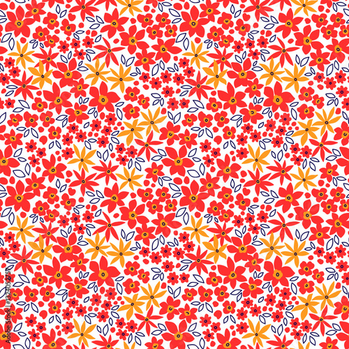 Floral pattern. Pretty abstract hand draw flowers on white background. Printing with small red and yellow flowers. Ditsy print. Seamless vector texture. Spring bouquet.
