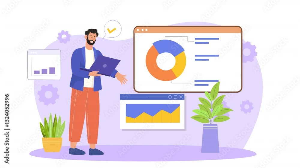 The flat 2D character animation scene features a man using a laptop to analyze a progress chart, symbolizing the act of tracking and assessing growth