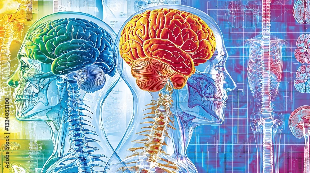 Detailed Medical Illustration of Human Anatomy Featuring Brain, Spine, and Nervous System in Vivid Colors for Educational Purposes