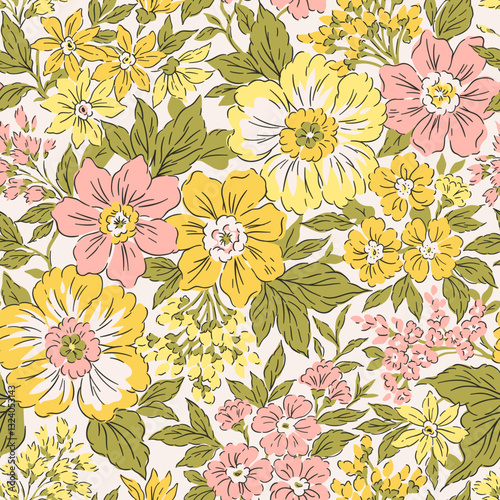 Seamless vector floral pattern. Liberty background of bright colorful realistic flowers. Print with bouquets of flowers from the garden. Bright yellow and pink flowers on a white background.