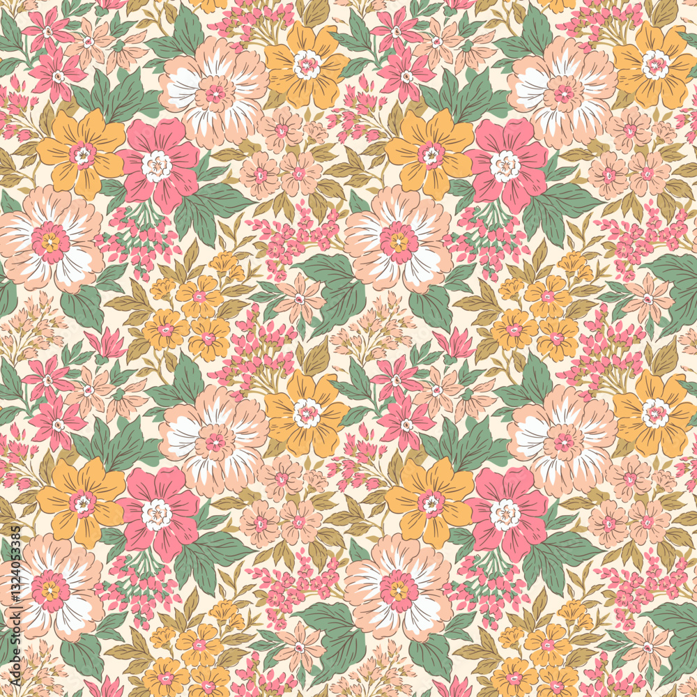 Beautiful floral pattern in small flowers. Small rose pink and yellow flowers. Coral background. Ditsy print. Floral seamless background. Elegant template for fashion prints. Stock pattern.
