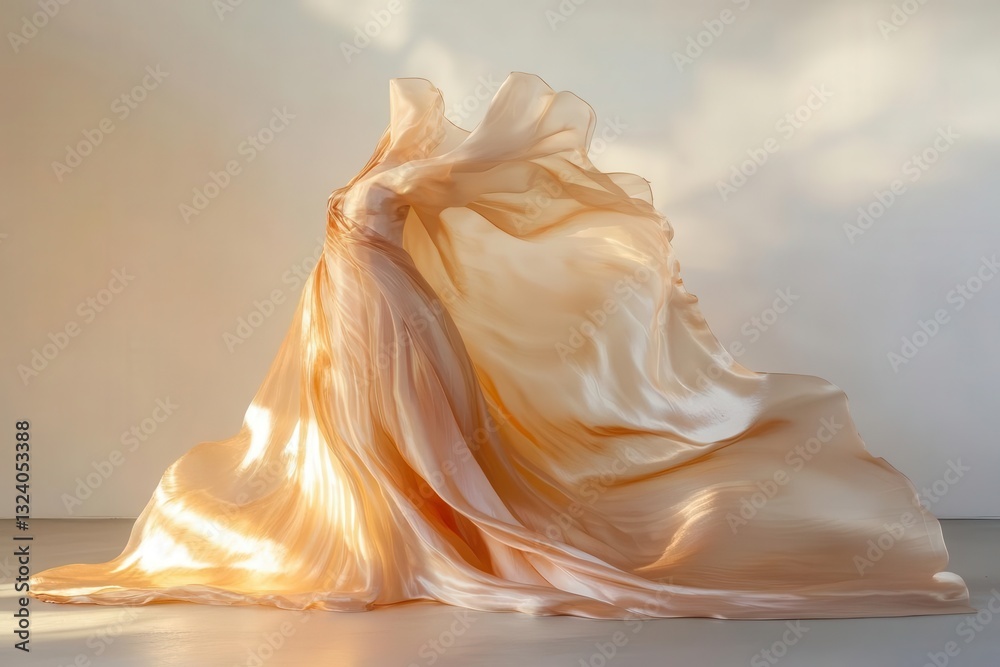 luxurious fabric composition with flowing silk in gradient peach to gold tones, elegantly draped with soft folds catching light, creating subtle shimmer against minimalist background