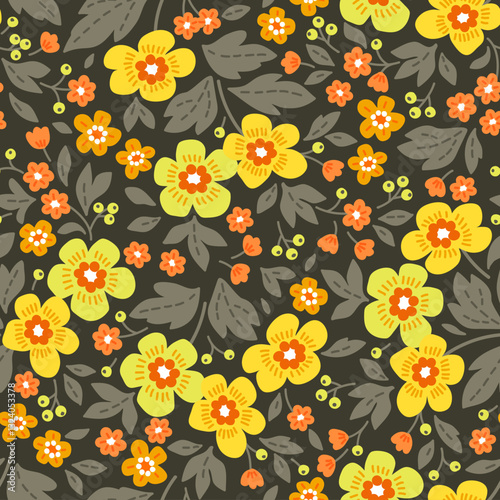 Beautiful floral pattern in small abstract flowers. Small orange and yellow flowers. Dark brown background. Ditsy print. Floral seamless background. Liberty template for fashion prints. Stock pattern.