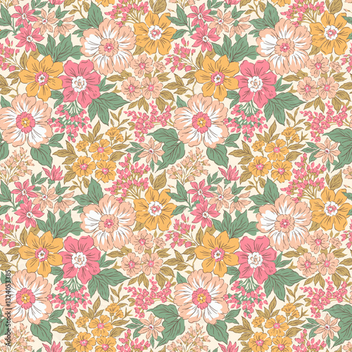 Beautiful floral pattern in small flowers. Small rose pink and yellow flowers. Coral background. Ditsy print. Floral seamless background. Elegant template for fashion prints. Stock pattern.
