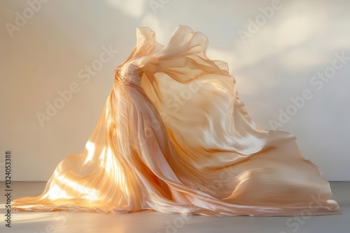 Obraz na płótnie luxurious fabric composition with flowing silk in gradient peach to gold tones, elegantly draped with soft folds catching light, creating subtle shimmer against minimalist background w salonie