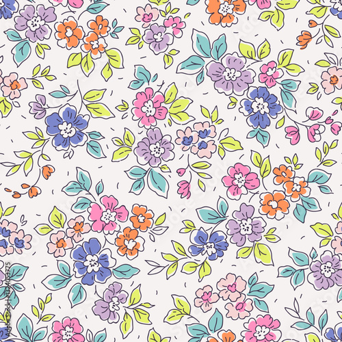 Vector seamless pattern. Cute pattern in small flowers. Small bright colorful flowers. White background. Ditsy floral background. Trendy template for fashion prints. Stock vector.