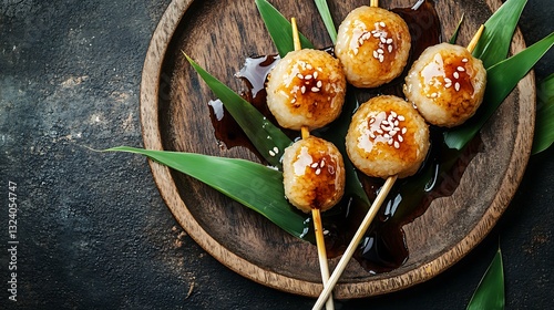 Top-down view of mitarashi dango with three skewers of rice dumplings photo