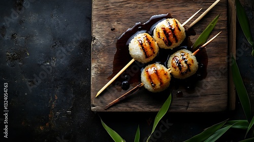 Top-down view of mitarashi dango with three skewers of rice dumplings photo